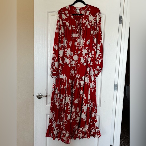 Johanna Ortiz x H&M Red Floral Maxi Dress Boho Tiered Tie-Neck Long Sleeve - Picture 2 of 9